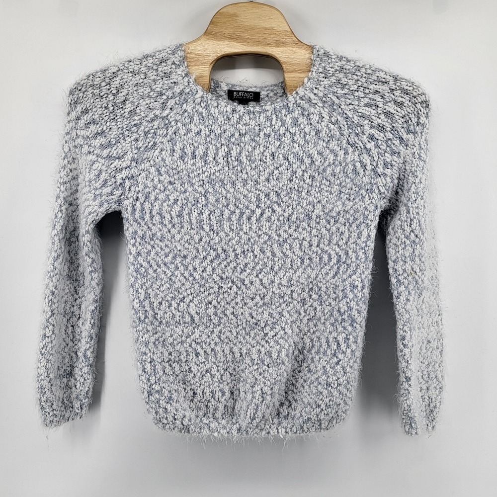 Buffalo David Bitton Sweater Womens L Blue White Fuzzy Knit Pullover Long Sleeve